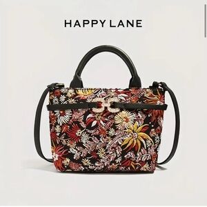 Happy Lane Floral Embroidered Fabric Crossbody Tote Bag Black Red NIP